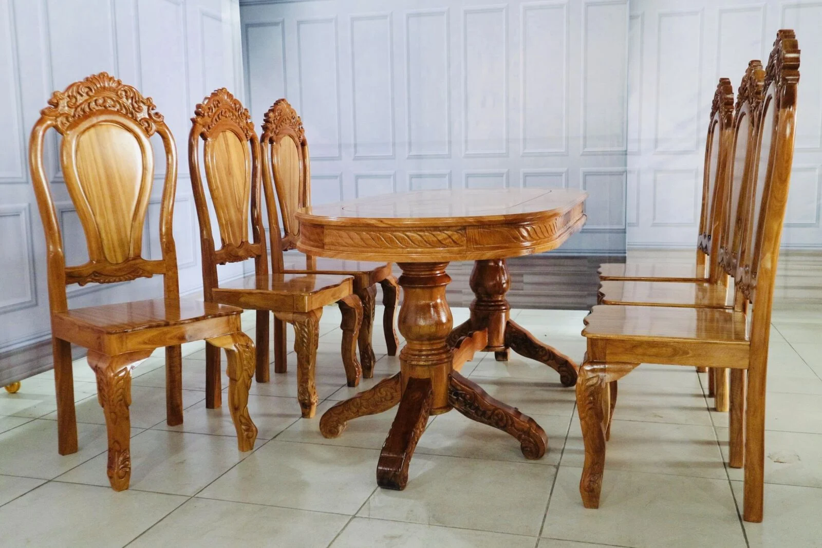 Bàn Ăn 6 Ghế Gỗ Căm Xe Mặt Gõ Đỏ Bàn Oval - Ảnh 4