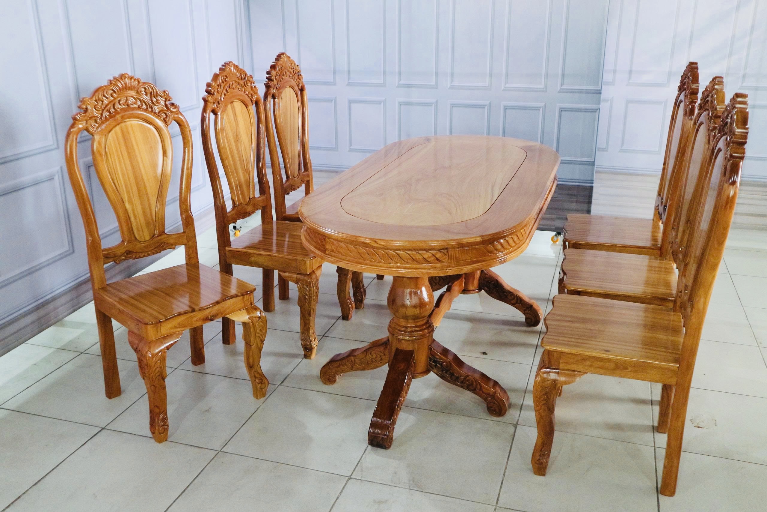 Bàn Ăn 6 Ghế Gỗ Căm Xe Mặt Gõ Đỏ Bàn Oval