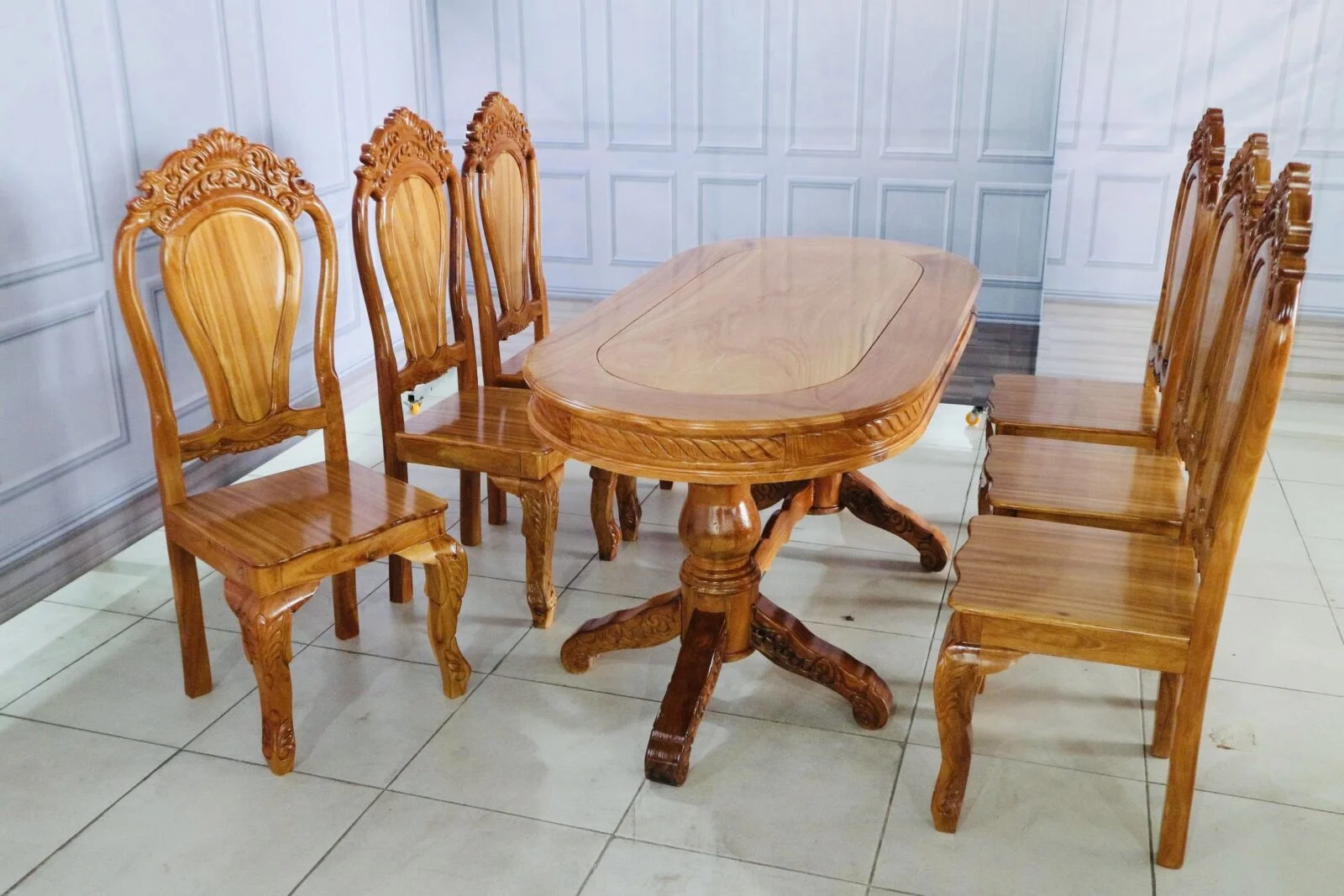 Bàn Ăn 6 Ghế Gỗ Căm Xe Mặt Gõ Đỏ Bàn Oval