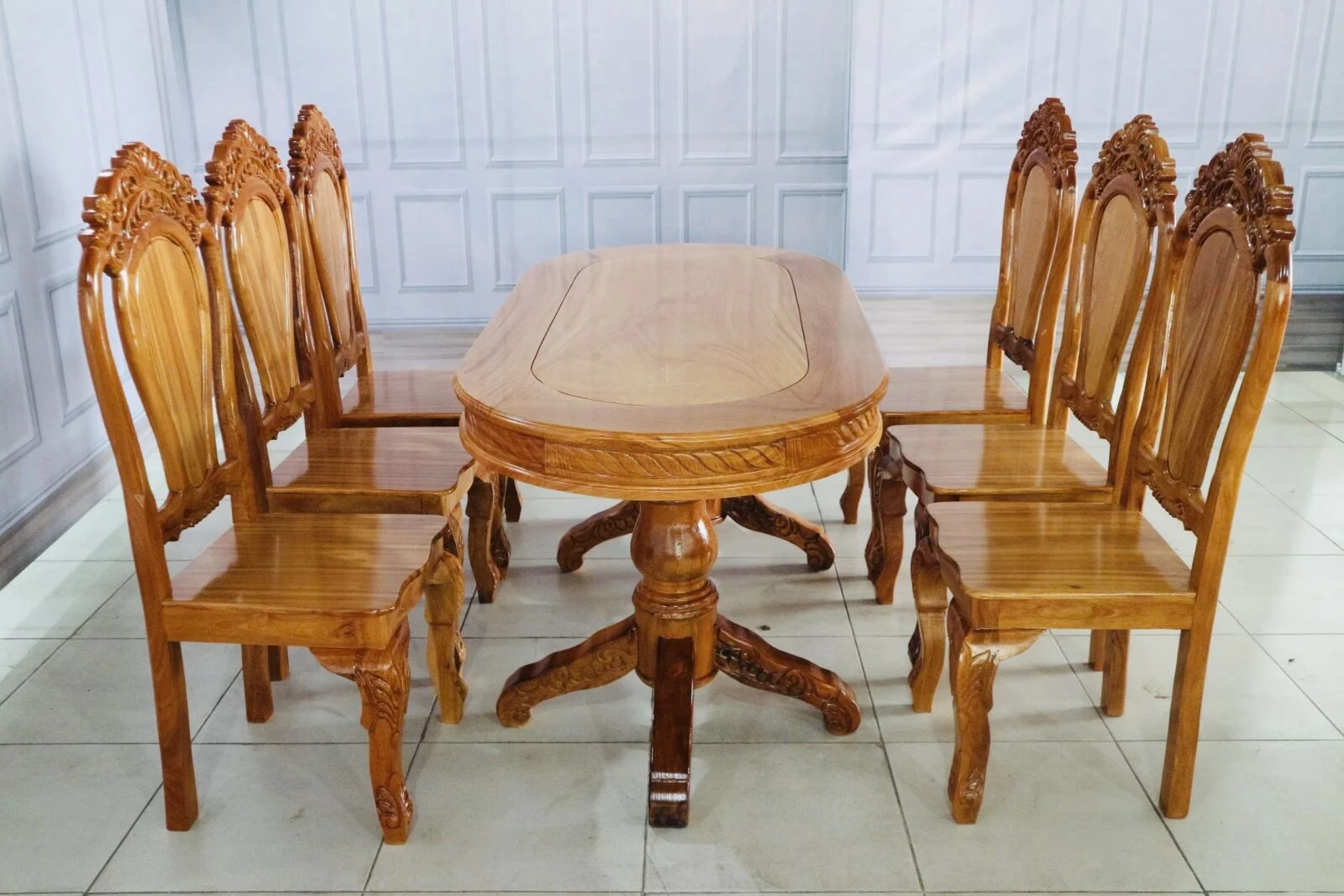 Bàn Ăn 6 Ghế Gỗ Căm Xe Mặt Gõ Đỏ Bàn Oval - Ảnh 10