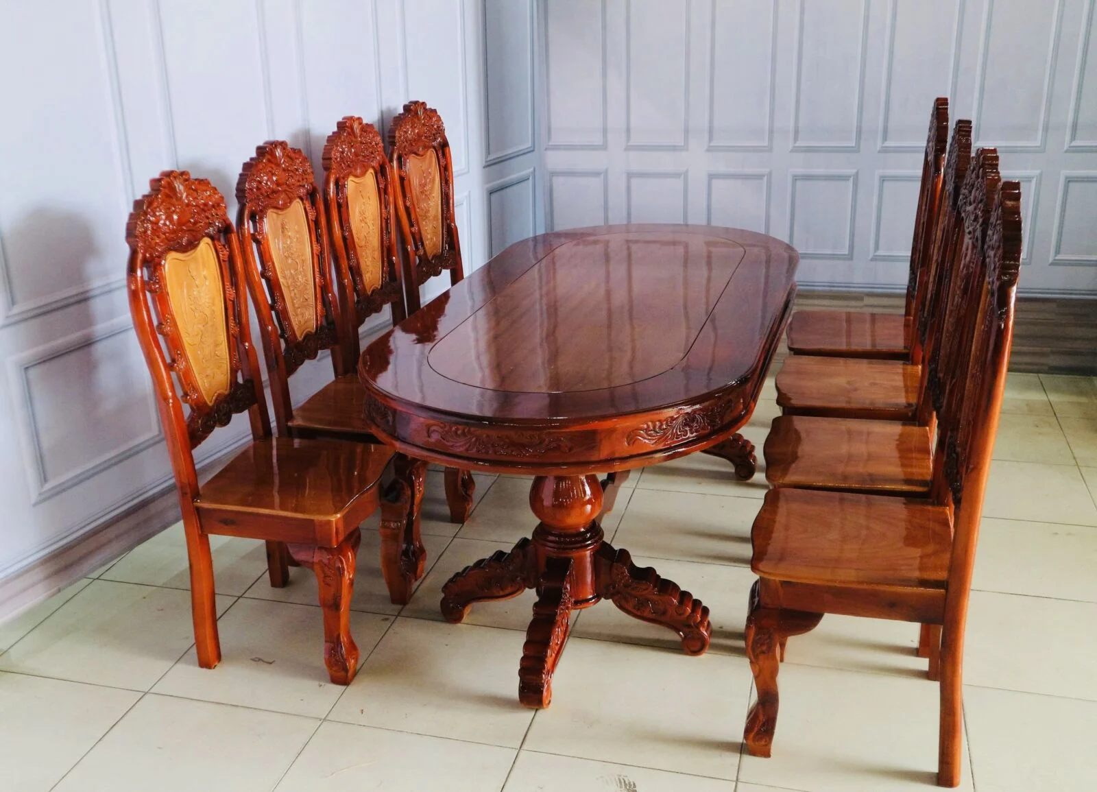 Bàn Ăn Gỗ Tràm Mặt Xoan 8 Ghế Bàn Oval - Ảnh 7
