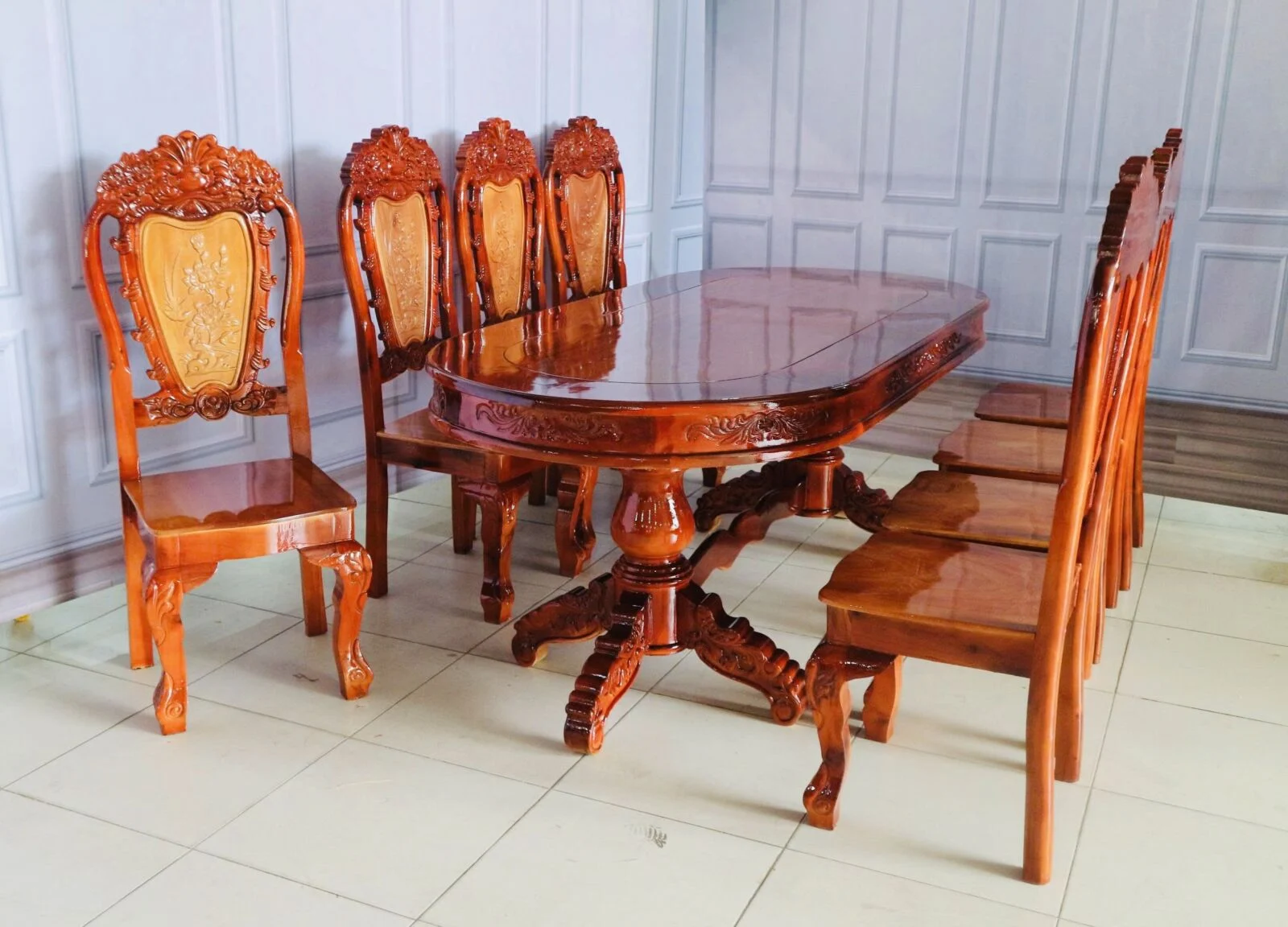 Bàn Ăn Gỗ Tràm Mặt Xoan 8 Ghế Bàn Oval