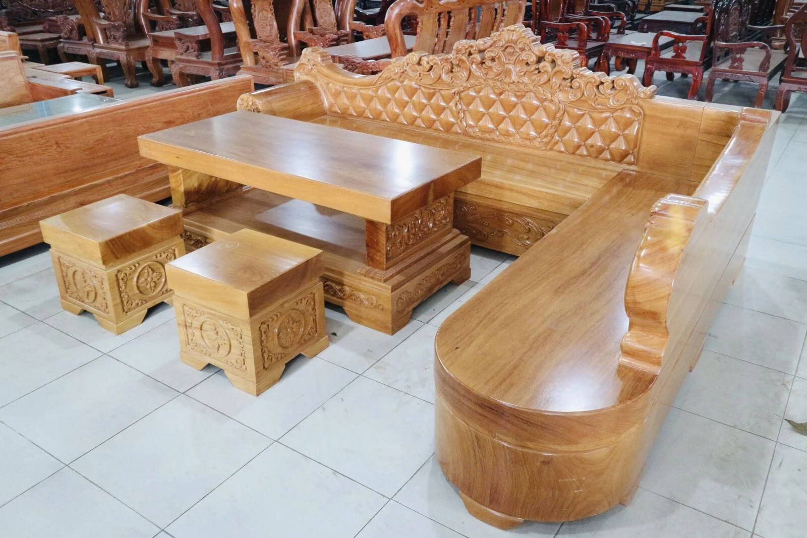 Sofa Góc Hoàng Gia Gỗ Gõ Đỏ Nguyên Khối 5 Món - Ảnh 5