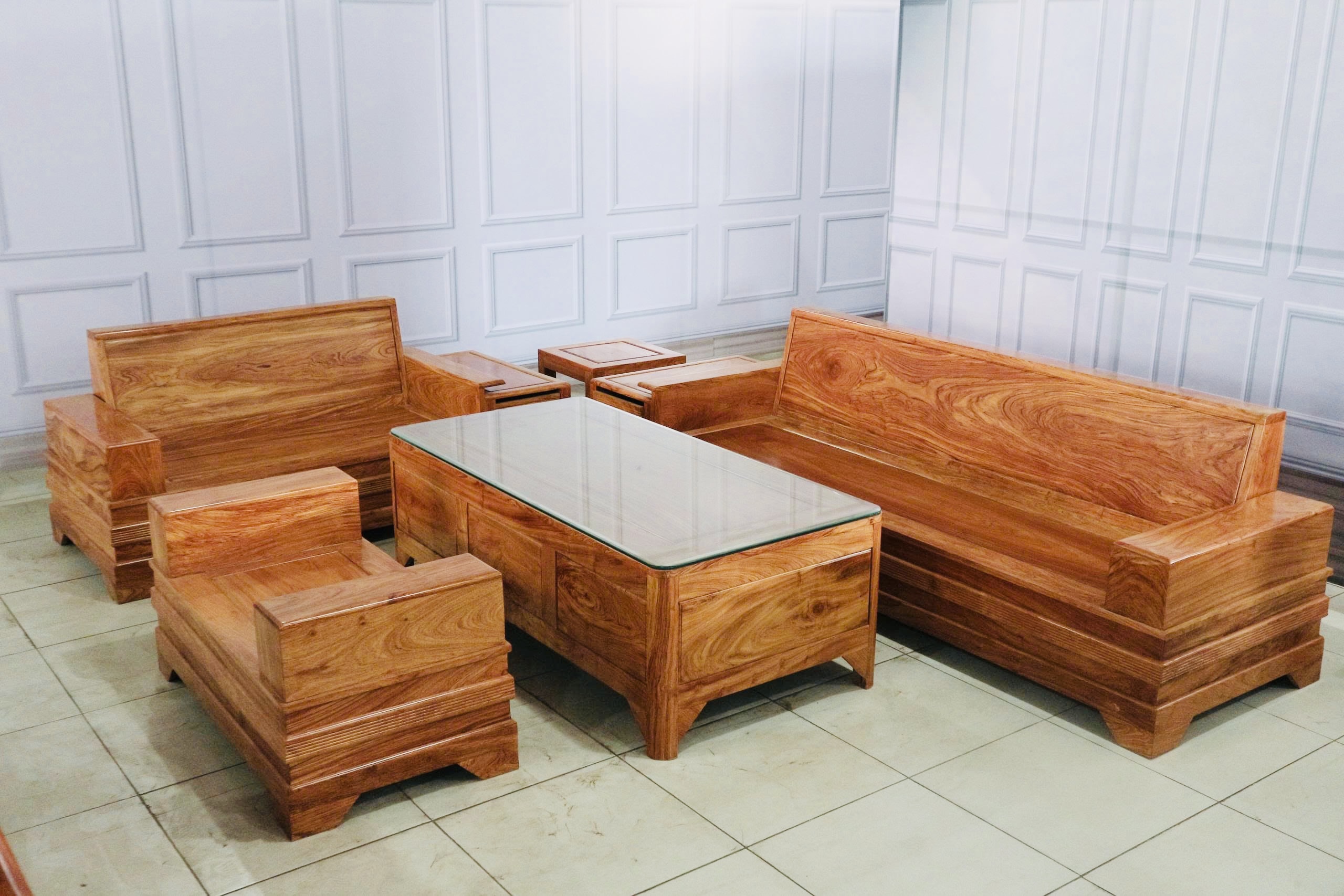 Sofa Góc 2 Văng Chân Vuông 5 Món Gỗ Hương Đá