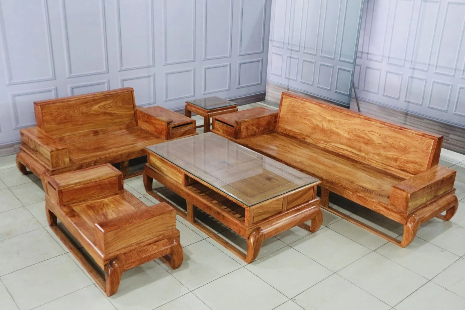 Sofa Góc 2 Văng Đùi Gà 5 Món Gỗ Hương Đá