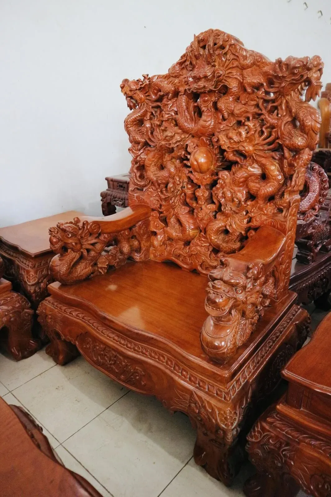 Salon Rồng Cửu Long Gỗ Gõ Đỏ 12 Món Đục Tay Cao Cấp - Ảnh 7