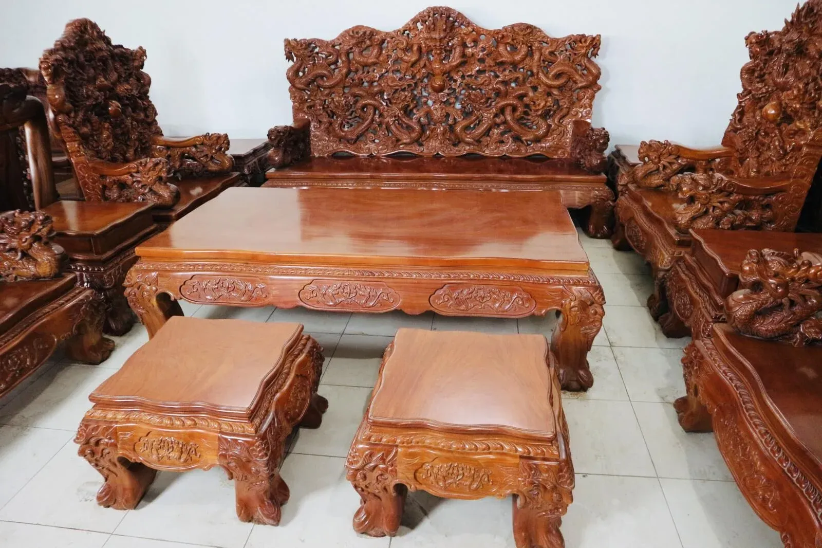 Salon Rồng Cửu Long Gỗ Gõ Đỏ 12 Món Đục Tay Cao Cấp - Ảnh 15