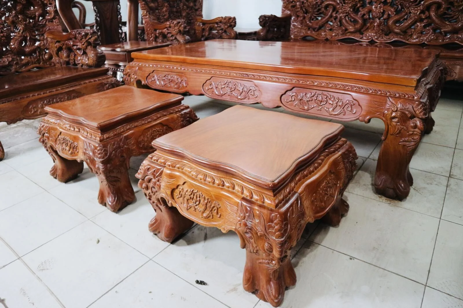 Salon Rồng Cửu Long Gỗ Gõ Đỏ 12 Món Đục Tay Cao Cấp - Ảnh 11