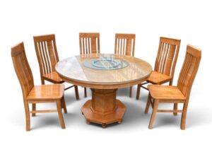 Bàn Ăn Gỗ Sồi Nga 6 Ghế Bàn Tròn Có Mâm Kính Xoay Sang Trọng